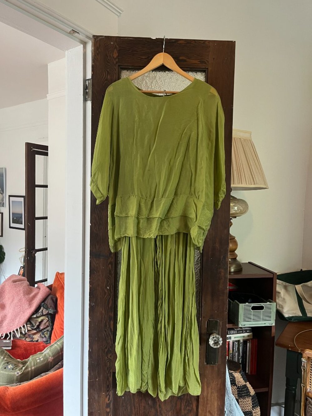 Pistachio green two piece silk set